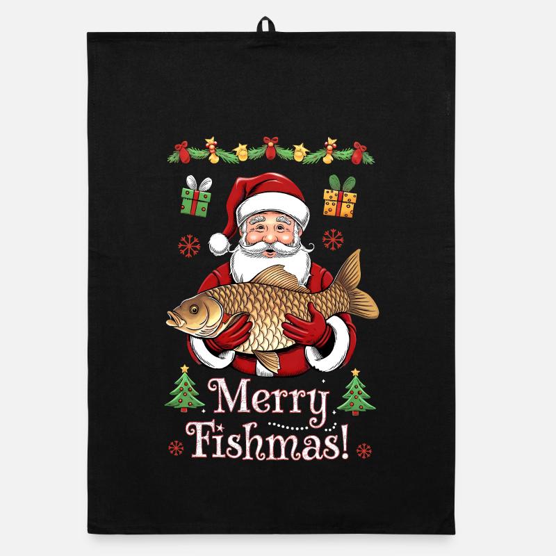 Merry Fishmas Pêcheur Carpe de Noël Torchon bio
