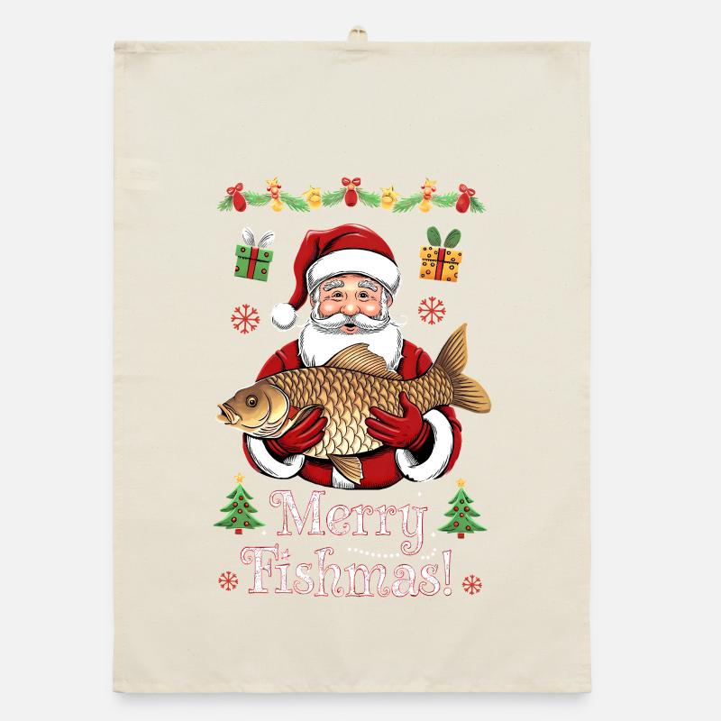Merry Fishmas Pêcheur Carpe de Noël Torchon bio