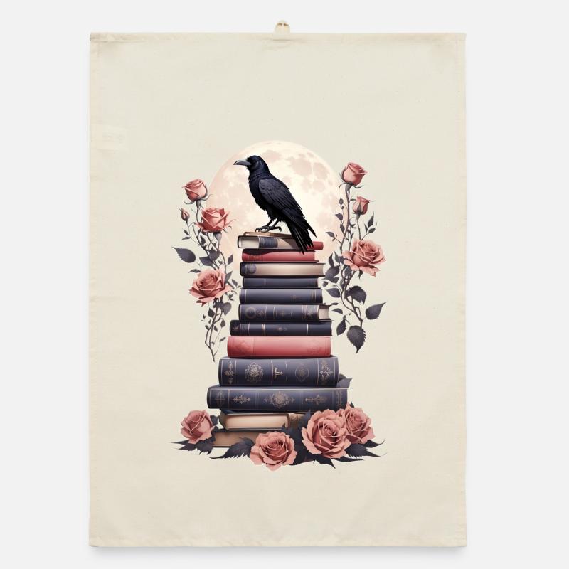 Stack of books with raven Organic dish towel