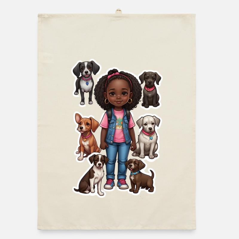 Mädchen mit Hundegruppe Motiv Organic Geschirrtuch