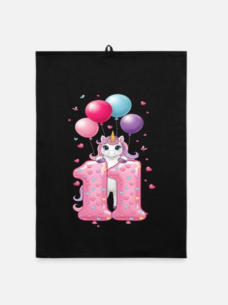 11 Years Girl Cute Unicorn 11th Birthday - Organic dish towel - black - Front