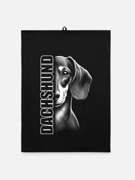 Portrait de teckel avec lettres verticales DACHSHUND - Torchon bio - noir - Devant