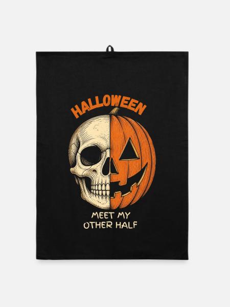 Halloween Skull Pumpkin Lernt meine andere Hälfte kennen - Organic Geschirrtuch - Schwarz - Vorne