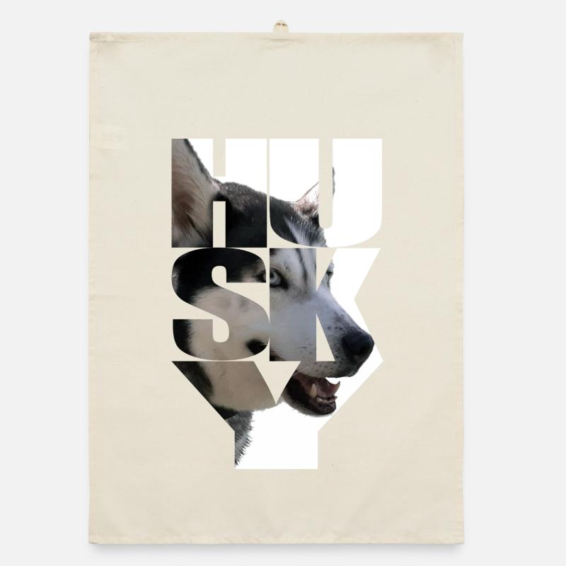 Lively husky design with head and text Organic dish towel
