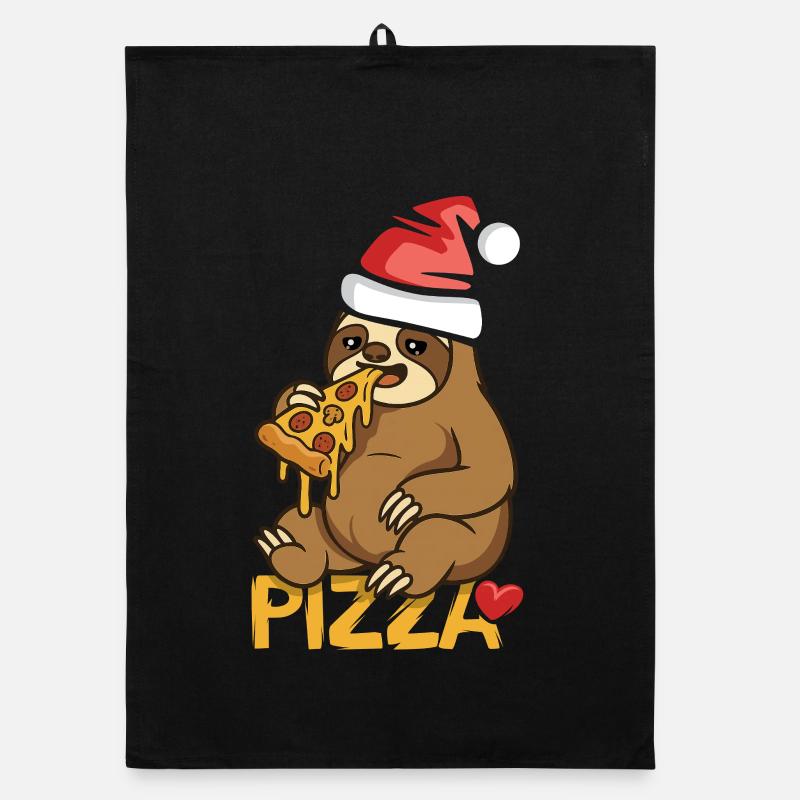 paresseux mangeant pizza Noël design Torchon bio