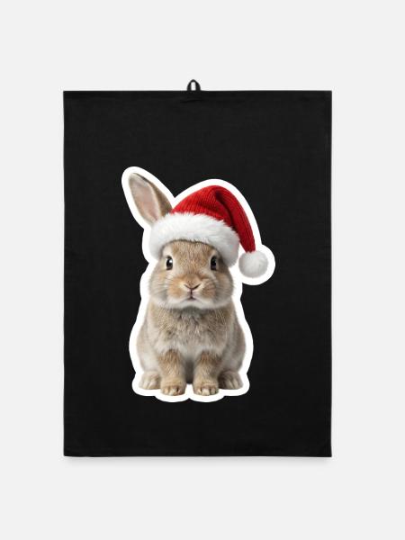 Joli lapin avec chapeau - Lapin de Noël - Torchon bio - noir - Devant