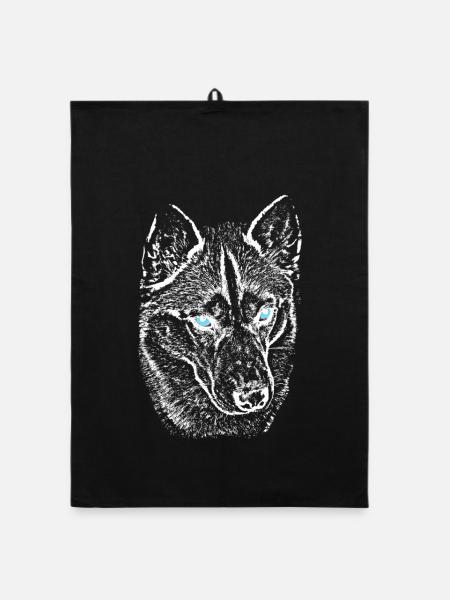 Vue du loup dans la lumière nocturne avec un husky aux yeux bleus - Torchon bio - noir - Devant