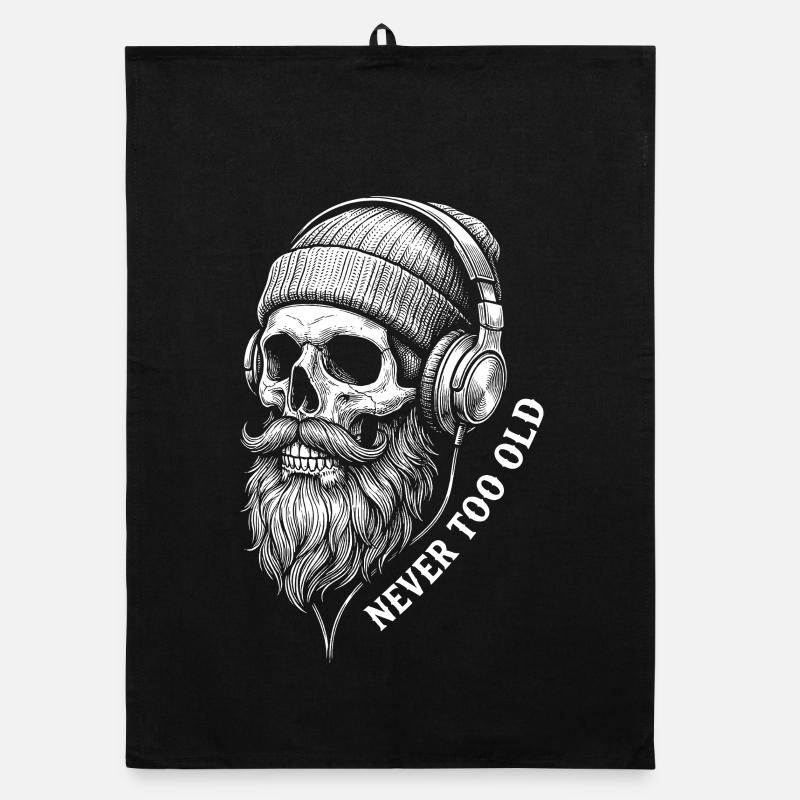 Never Too Old – Musik Totenkopf mit Bart Kopfhörer Organic Geschirrtuch