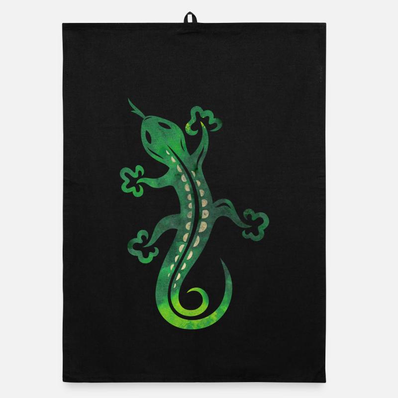 Green lizard, tribal and tattoo style. Organic dish towel