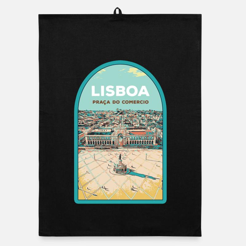 Illustration Place du Commerce, Lisbonne - Torchon bio - noir