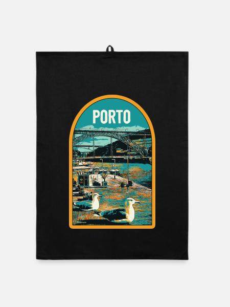 Porto, Douro & Pont D. Luis: Illustration - Torchon bio - noir - Devant