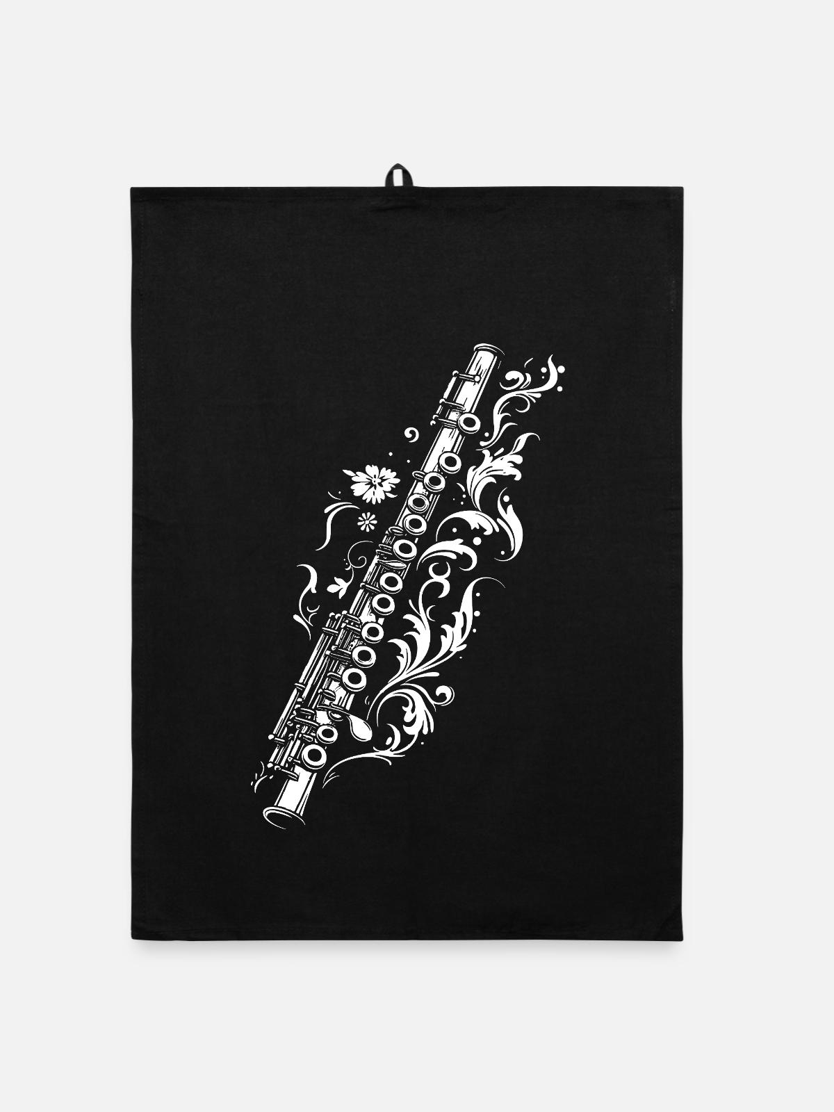Dessin de flûte traversière - Torchon bio - noir - Devant