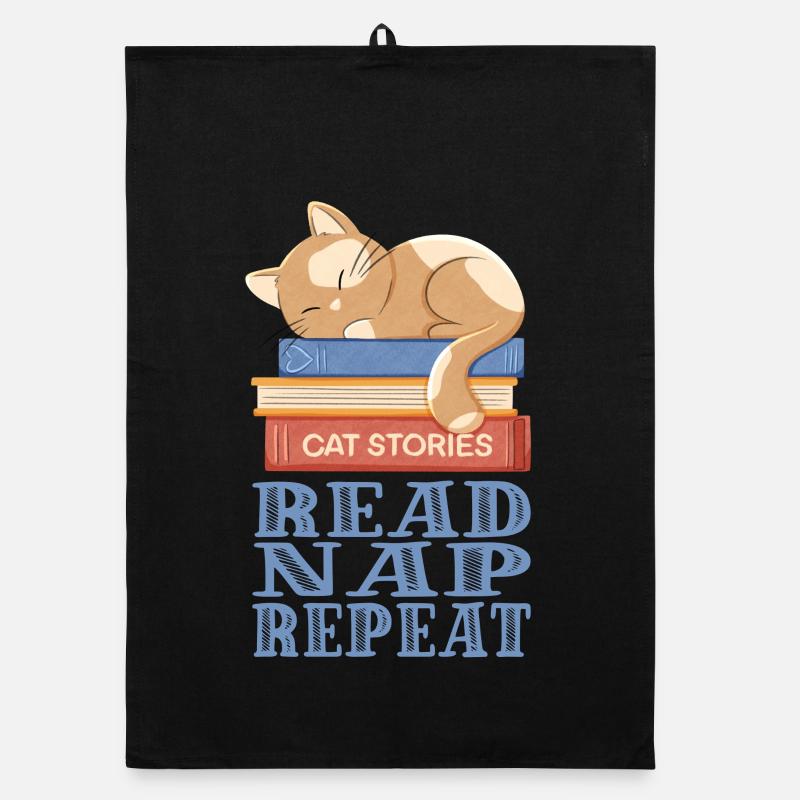 Sleeping cat and books Organic dish towel