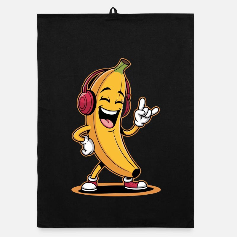 Banane joyeuse avec des écouteurs et une main de pierre Torchon bio