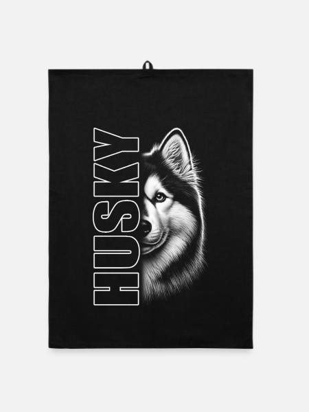 Husky portrait with vertical lettering - Organic dish towel - black - Front