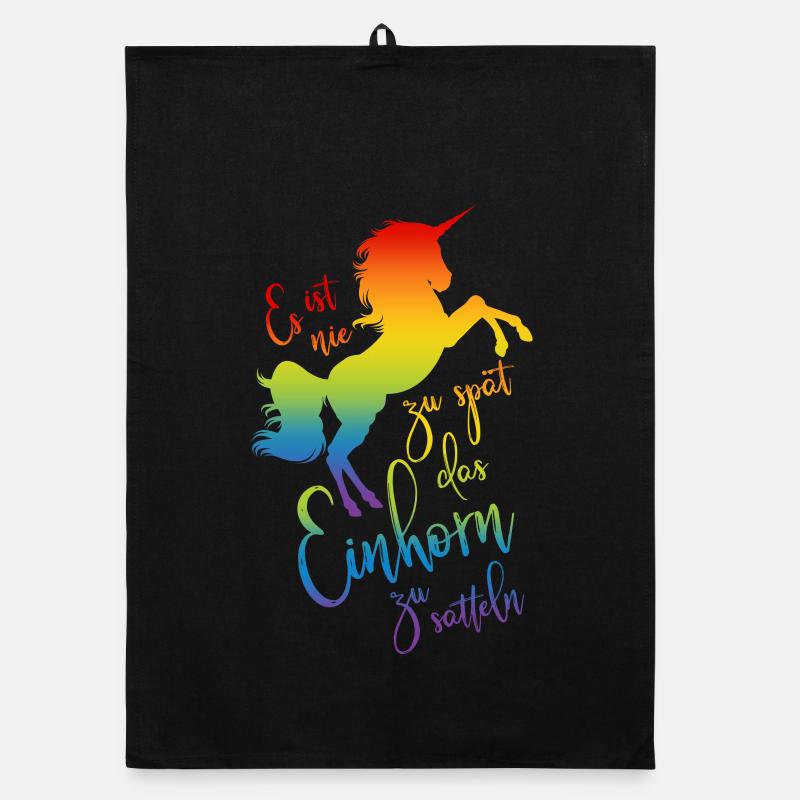 Einhorn satteln Spruch Regenbogen Silhouette bunt Organic Geschirrtuch