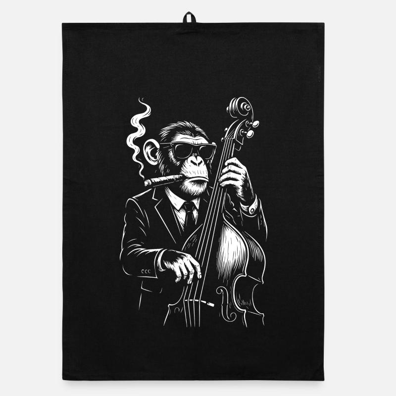 Jazz Chimp in elegant Suit playing the double bass Organic dish towel