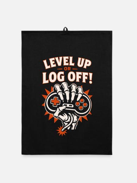 Level Up or Log Off Gaming Skeleton - Organic dish towel - black - Front