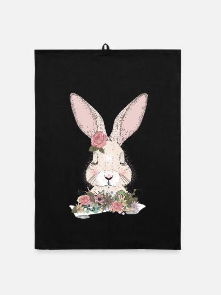 dreaming rabbit with floral ornament - Organic dish towel - black - Front