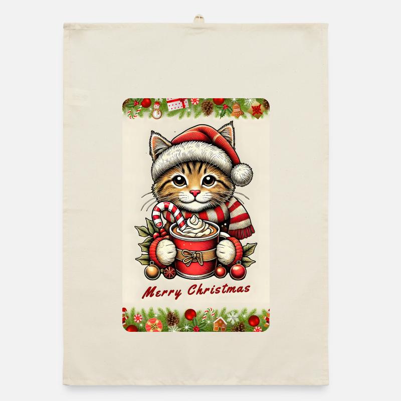 Chat de Noël au chocolat chaud Torchon bio