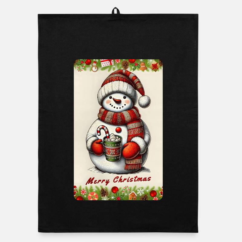 Bonhomme de neige joyeux avec du chocolat chaud Torchon bio
