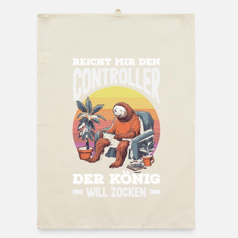 Hands me the controller – King wants to play Organic dish towel