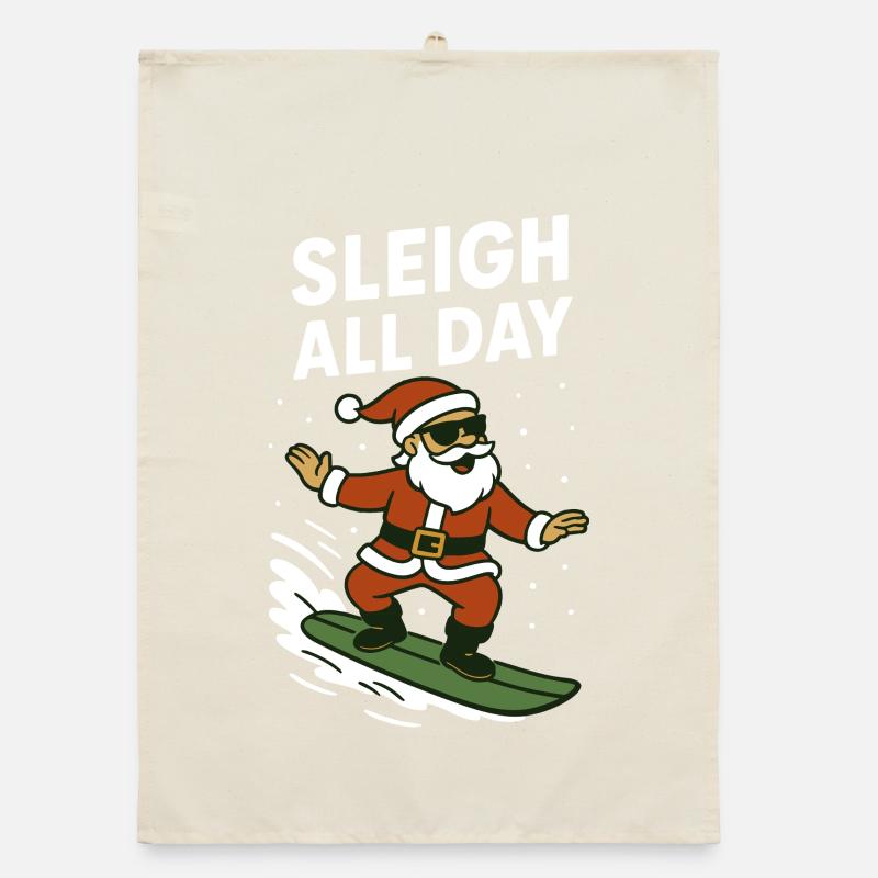 Surfing Santa Sleigh All Day Xmas Fun Organic dish towel