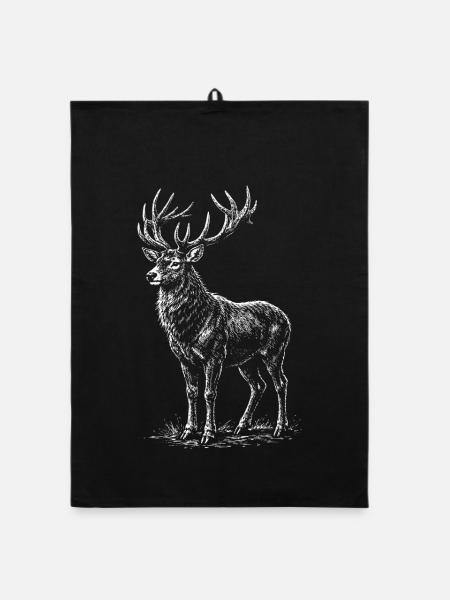 Silhouette de cerf blanc avec bois - Torchon bio - noir - Devant
