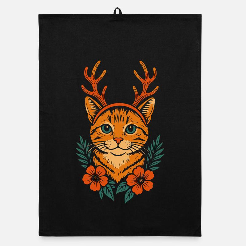 Cerf chat avec couronne de fleurs Torchon bio