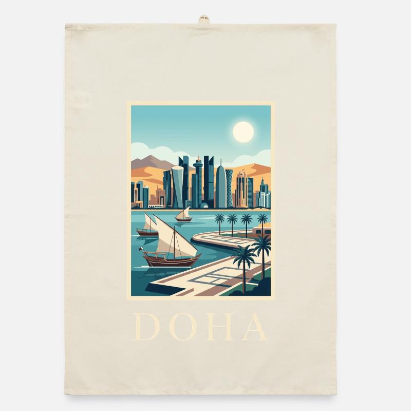 Doha Waterfront Cityscape Katar Reiseplakat Organic Geschirrtuch