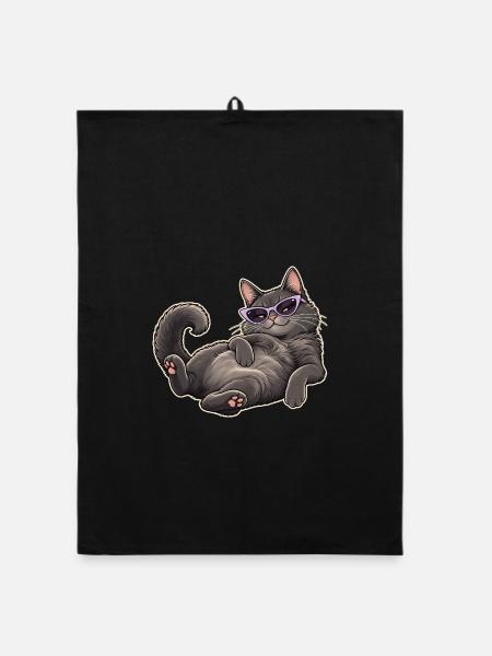 Lässige Katze mit lila Sonnenbrille - Organic Geschirrtuch - Schwarz - Vorne