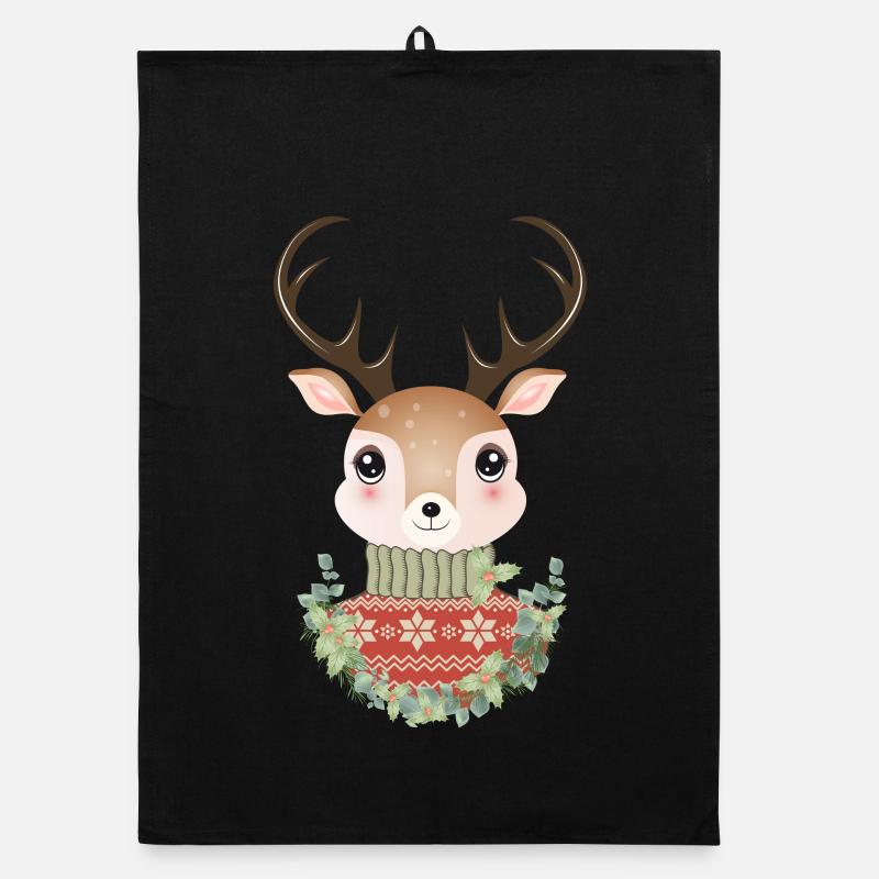 niedlicher Hirsch mit Pullover und Weihnachtskranz Organic Geschirrtuch