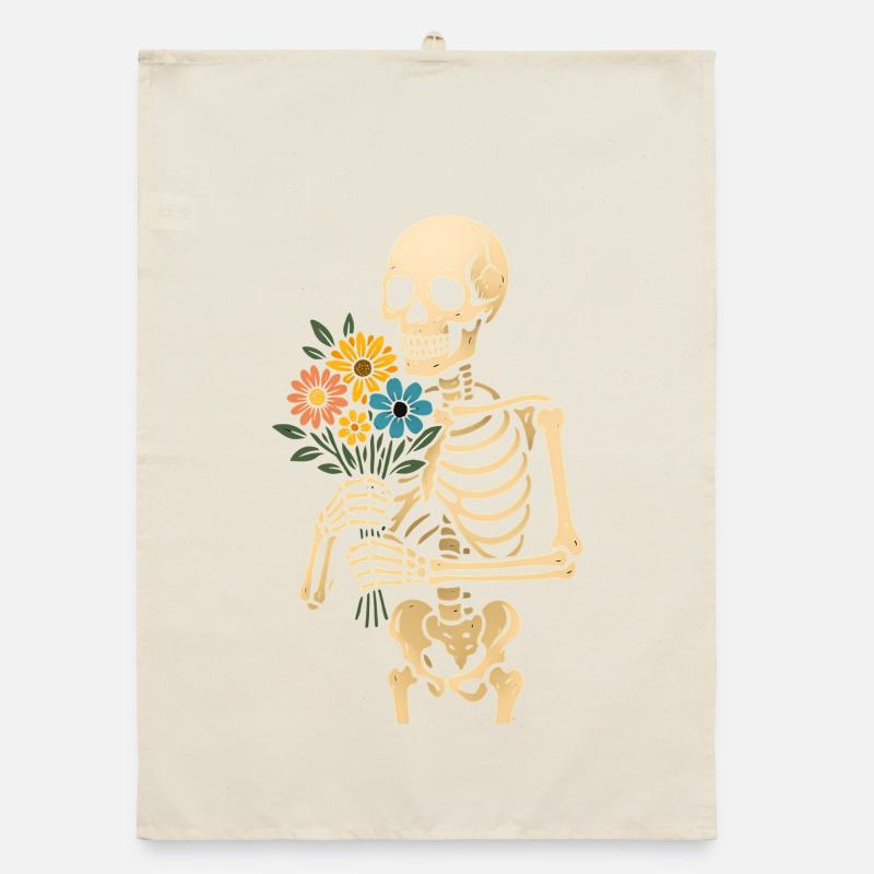 Squelette avec bouquet de fleurs Torchon bio