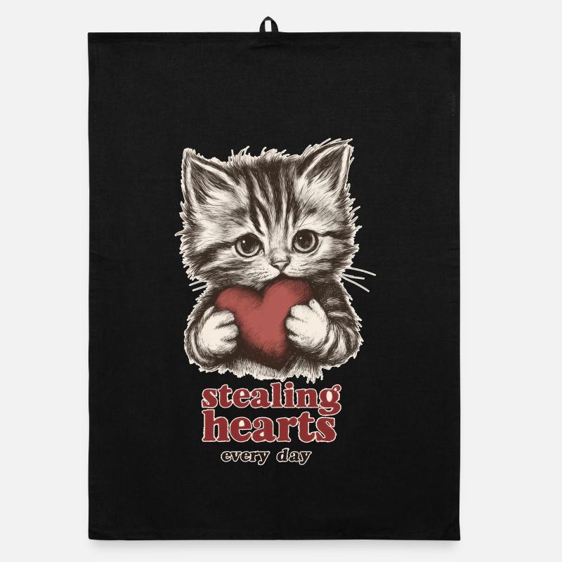 Cute Kitten Stealing Hearts - Cat Holding Heart Organic dish towel