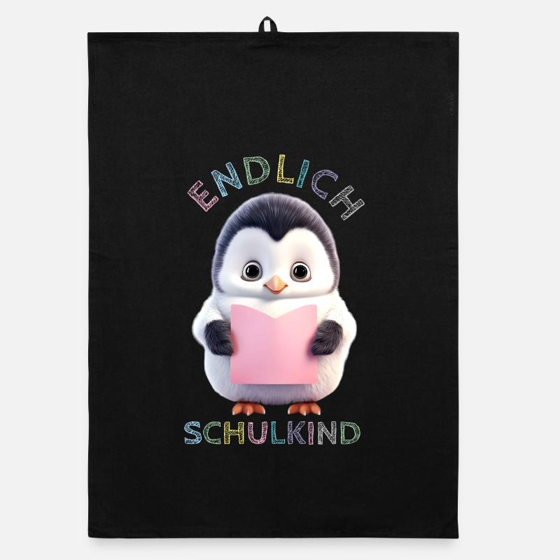 Petit pingouin rose | Enfin écolier - Torchon bio - noir