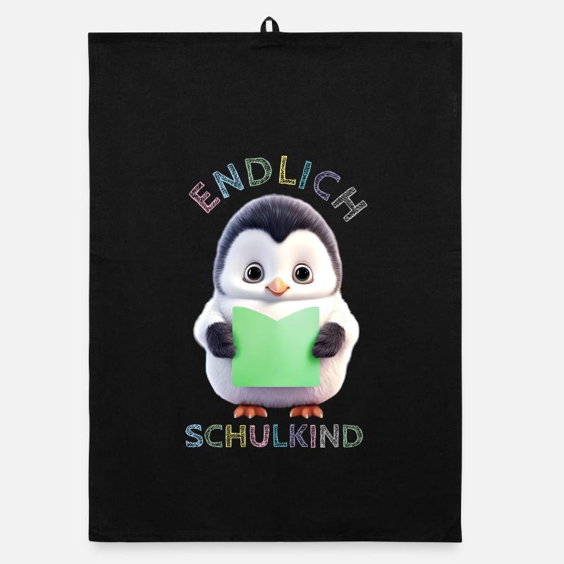 Pingouin mignon avec un livre vert Enfin écolier - Torchon bio - noir