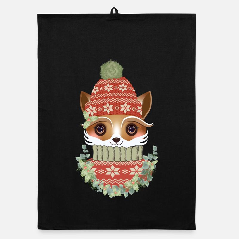 renard mignon avec pull, bonnet et couronne Torchon bio