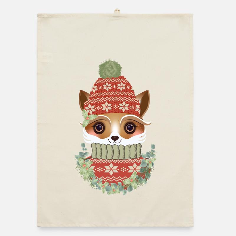 cute fox with sweater, bobble hat & wreath Organic dish towel