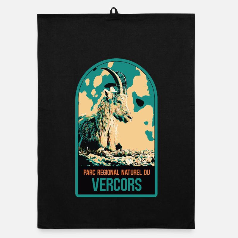 Illustration d'un Bouquetin dans Parc du Vercors - Torchon bio - noir