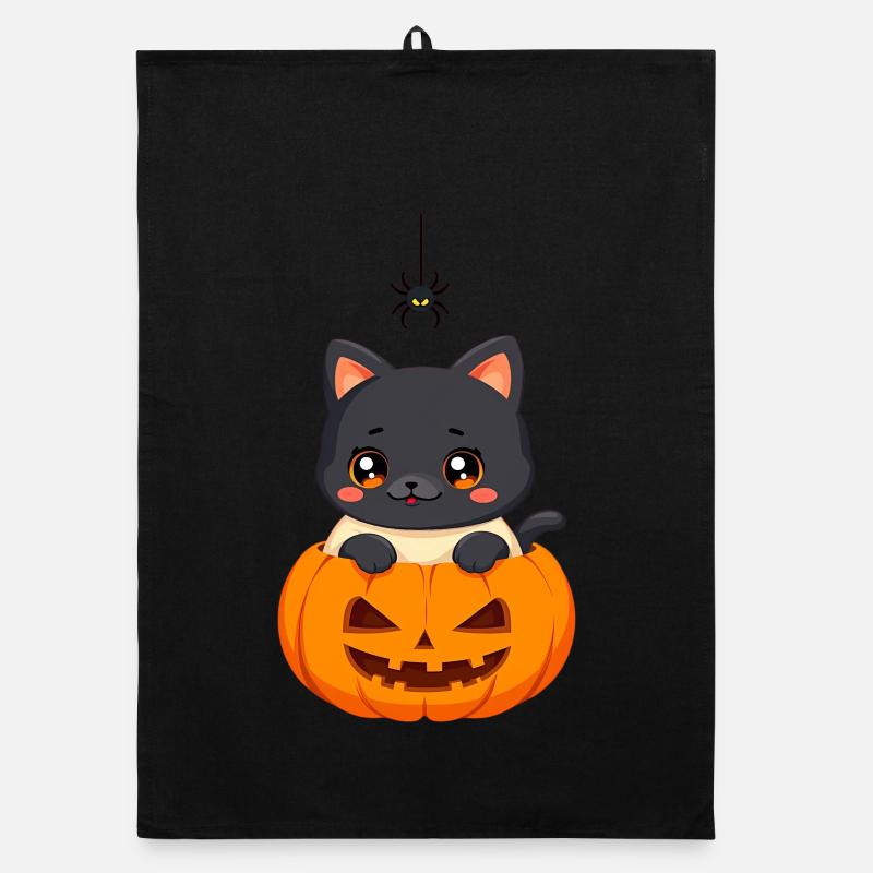 Chat d’Halloween avec citrouille d’Halloween Torchon bio