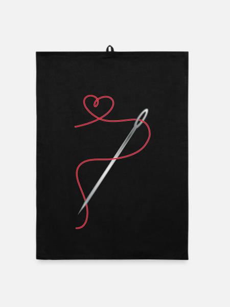 Needle and sewing thread with heart - Organic dish towel - black - Front
