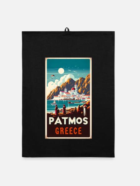 Patmos Griechenland Vintage Urlaub Design - Organic Geschirrtuch - Schwarz - Vorne