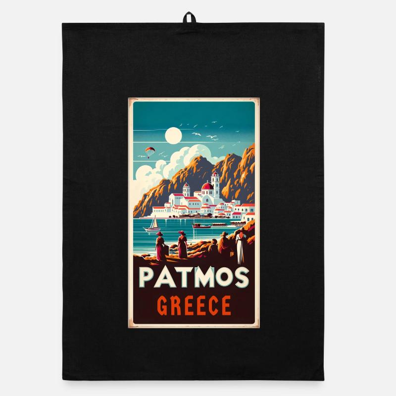 Patmos Greece vintage holiday design Organic dish towel