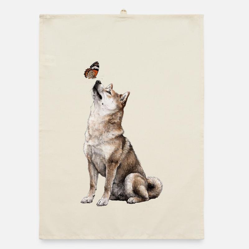 Chien loup avec motif papillon Torchon bio