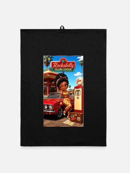 Gloria Pinup Cherry 50s Tankstelle – Kek-Ina - Organic Geschirrtuch - Schwarz - Vorne