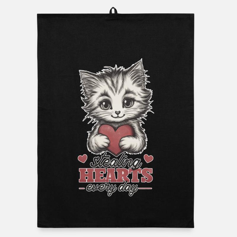 Cute Kitten Stealing Hearts - Cat Holding Heart Organic dish towel