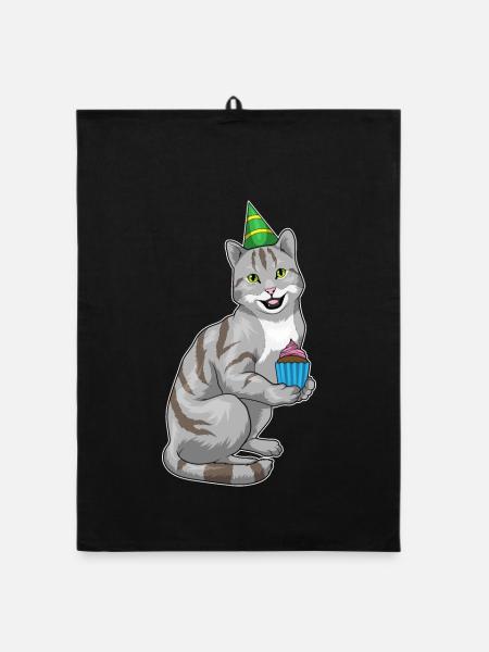 Cat Birthday Cupcake - Organic dish towel - black - Front