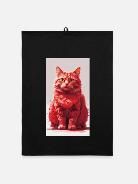 Red Cat Portrait Art Print - Organic dish towel - black - Front
