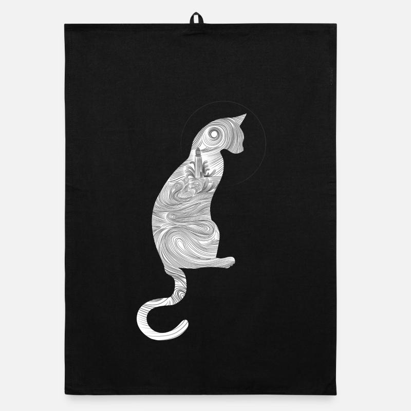 Abstract cat with spiral pattern - Organic dish towel - black