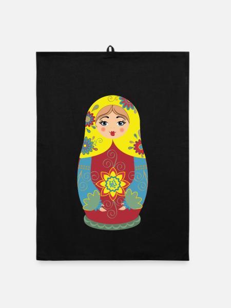 Matryoshka with floral patterns - Organic dish towel - black - Front